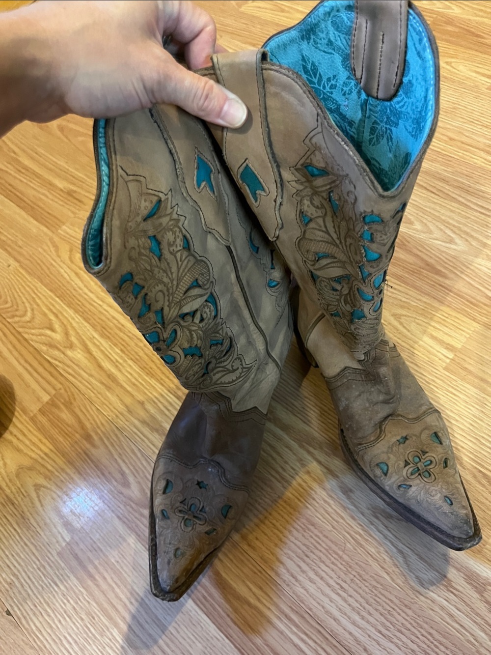 Corral Brown Leather Western Boots with Turquoise Insets